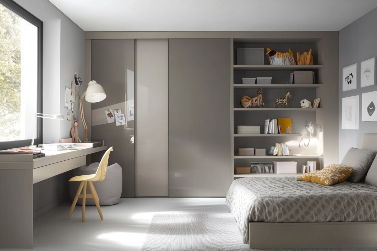 Modern Grey And Beige Kids Room Design With Glossy Sliding Wardrobe Modern Grey And Beige Kids Room Design With Glossy Sliding Wardrobe